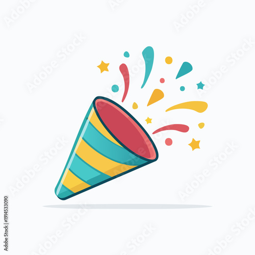 Colorful Party Popper Exploding with Confetti and Stars.