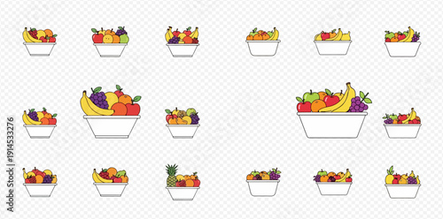 Collection of various fruit bowls with fresh and healthy produce, including bananas, apples, and grapes.
