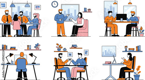 Modern Business People Working in Office Interior Set, Flat Vector Illustration of Coworkers Meeting, Brainstorming, and Remote Work Concepts