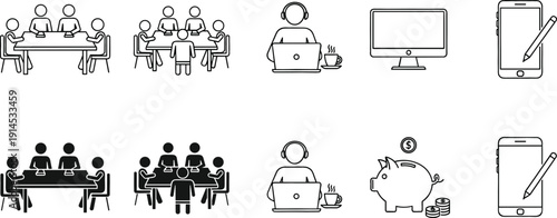 Business and finance icon set featuring office meetings, remote work, piggy bank savings, mobile technology and computer monitors flat vector