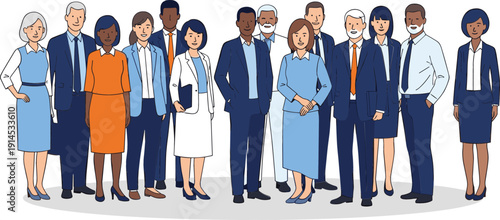 Diverse corporate professional team illustration featuring men and women in business suits, medical lab coats, and formal office attire for organizational character portraits