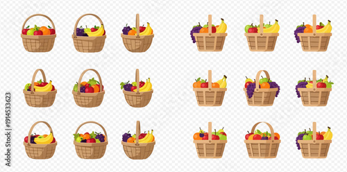 Collection of various wicker baskets filled with fresh, colorful fruits like apples, bananas, grapes, and strawberries, isolated on a transparent background.