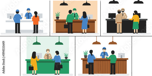 Professional vector illustration set of customer service desk interactions featuring bank tellers, hotel receptionists, and retail counter staff serving clients