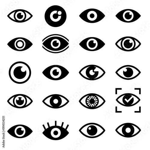Collection of various black and white eye icons in different styles and shapes displayed on a plain background from a straightforward viewpoint