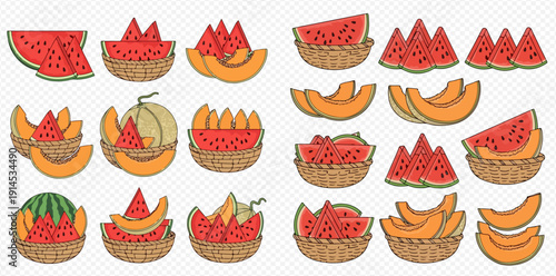 Collection of various illustrations featuring watermelons and cantaloupes in baskets.