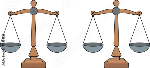 Justice Balance Scales Vector Set  Wooden Mechanical Scales with Metal Bowls