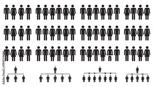 A clean, minimalist black and white vector graphic of stick figures representing diverse population groups, organizational structures, and social hierarchies