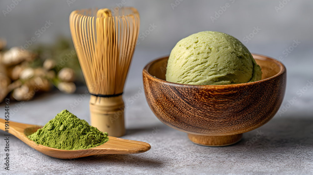 Fototapeta premium Delicious Green Matcha Ice Cream Scoop Served With Bamboo Whisk And Powder 