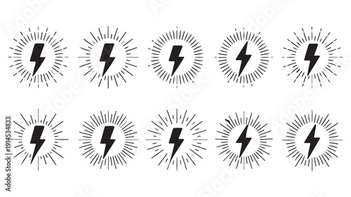 Ten crisp black and white lightning bolt icons with radiant sunbursts, perfect for symbolizing power, speed, energy, and inspiration in modern graphic designs