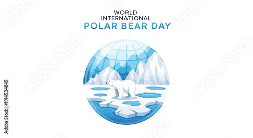 Vector illustration of a polar bear on melting ice for World International Polar Bear Day with a blue and white color scheme.