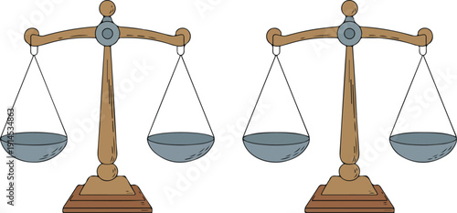 Justice Balance Scales Vector Set  Wooden Mechanical Scales with Metal Bowls