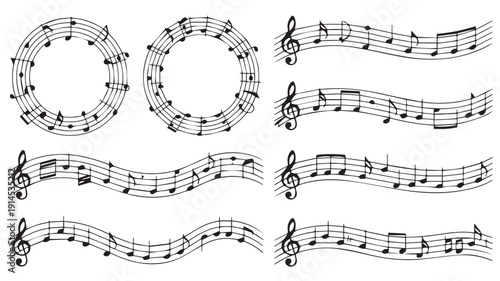 Decorative black and white musical notation elements set, featuring elegant wavy staff lines, artistic circular note frames, and classic treble clefs