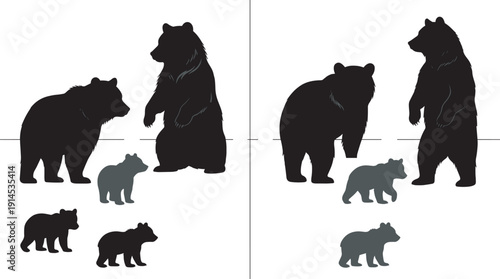 Bear family silhouette set, grizzly adult and cub wildlife animals isolated on white background