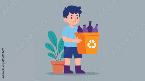 Boy Carrying Recycling Bin Full of Bottles