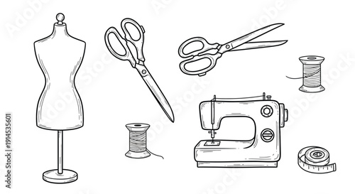 A collection of black clothing and accessories, including a dress, coat, shirt, hats, and shoes, presented in a clean, minimalist graphic style.