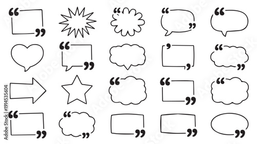 A Set of 12 Hand-Drawn Speech Bubbles and Quotation Marks in Black and White