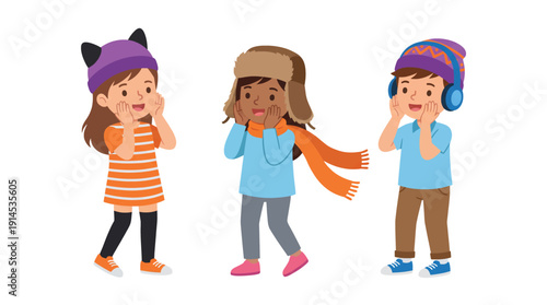 Children Wearing Winter Clothes with Hands Cupped