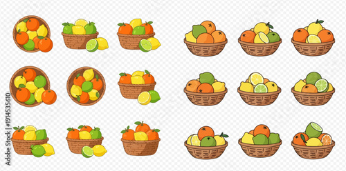 Collection of citrus fruit baskets with oranges, lemons, and limes in various arrangements.
