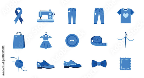 Collection of blue sewing and fashion-related icons, including a sewing machine, clothing items, and accessories, presented on a white background.