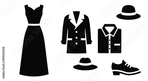 A collection of black clothing and accessories, including a dress, coat, shirt, hats, and shoes, presented in a clean, minimalist graphic style.