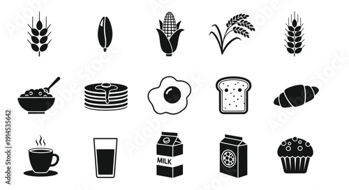 A collection of black and white icons representing various breakfast foods and drinks, including grains, eggs, pancakes, bread, and beverages.