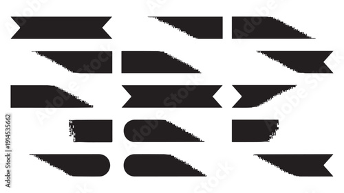 Modern collection of 15 abstract vector shapes. Dynamic black and white graphic elements featuring arrows, banners, and pointers for versatile design applications