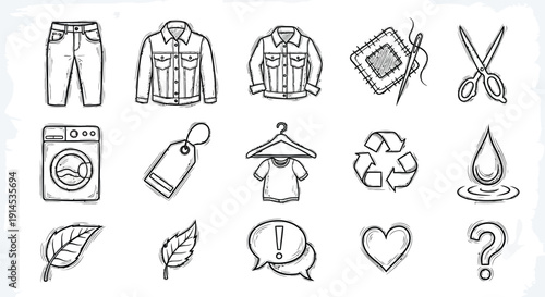 A collection of hand-drawn sketch icons representing clothing, laundry, sustainability, and care, suitable for fashion or eco-friendly branding.
