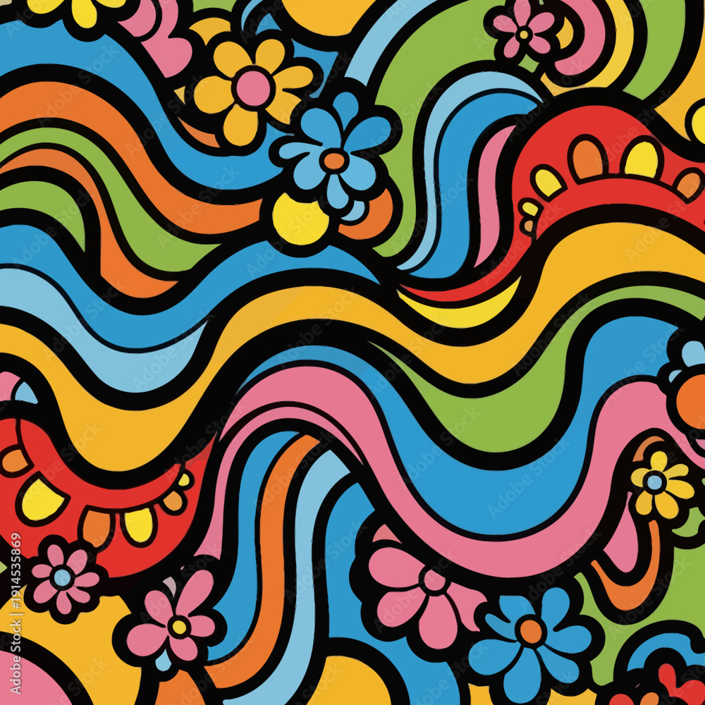 Fototapeta premium Psychedelic Flower Power Pattern: Retro Swirls and Blooms in Vibrant Colors