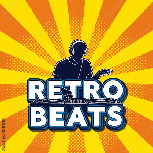 Retro DJ Playing Music on Turntables with Headphones, Vintage Pop Art Style
