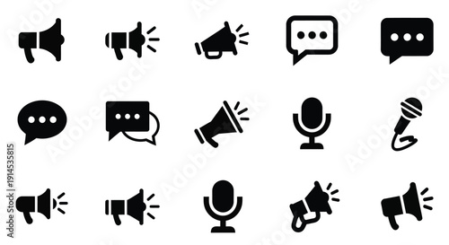 Collection of black icons representing communication, including megaphones, speech bubbles, and microphones, on a white background.