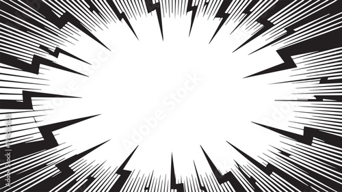 Explosion effect in black and white comic book style with radiating lines and lightning bolts
