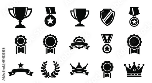 Collection of black and white vector icons representing various awards, trophies, medals, crowns, and ribbons, symbolizing achievement and recognition.