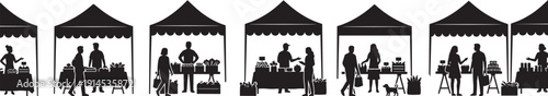 Farmers market silhouettes set, outdoor vendor stalls with customers shopping fresh organic produce and local goods