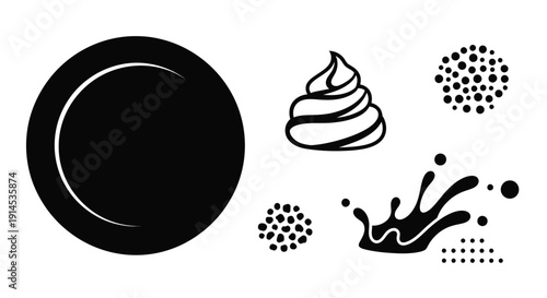 A collection of black and white graphic elements including a solid circle with a white outline, a stylized swirl of soft-serve ice cream or whipped cream, scattered dots, and a liquid splash.