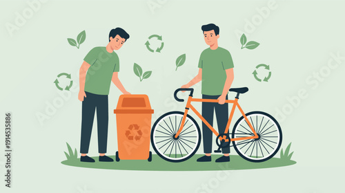 Men Recycling and Biking for Eco Friendly Lifestyle