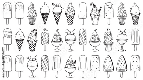 A charming collection of hand-drawn black and white ice cream illustrations, perfect for summer themes and sweet treats
