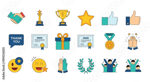 Collection of icons representing success, achievement, recognition, and positive feedback in a business or personal context.