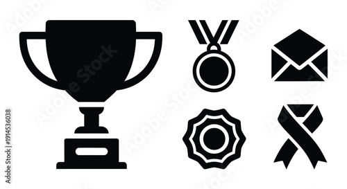 A collection of black silhouette icons representing awards, recognition, and communication, including a trophy, medal, rosette, ribbon, and envelope.