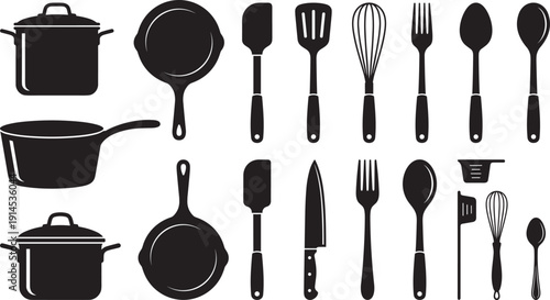 Kitchen utensils silhouette set, pots pans knives spoon fork whisk cooking tools isolated on white background