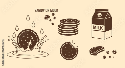 A delightful illustration showcasing sandwich cookies being dipped into milk, with a stack of cookies and a milk carton.