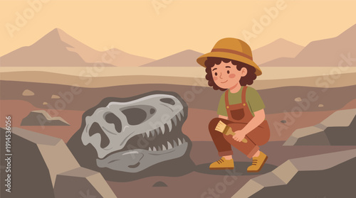 Young Paleontologist Brushes Dinosaur Fossil