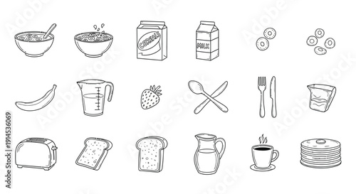 A collection of hand-drawn black and white illustrations depicting various breakfast food items and related kitchenware.