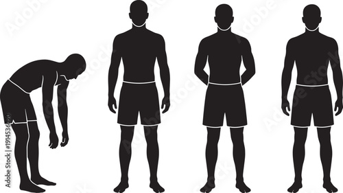 Male athlete body silhouette set, front back and side poses isolated for fitness training design