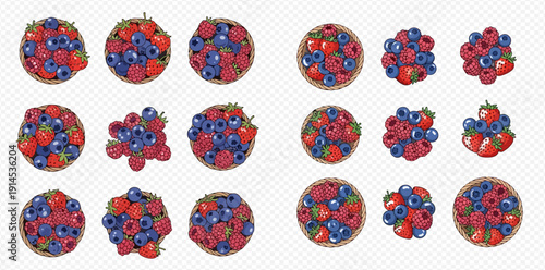 Set of fresh berries: strawberries, raspberries, and blueberries, in various arrangements and bowls.