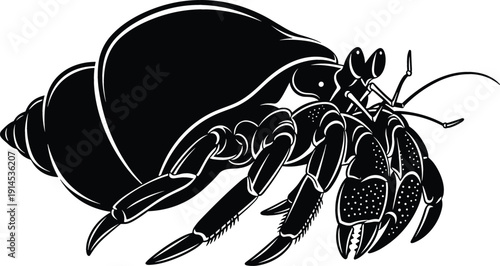 Detailed black silhouette of a hermit crab inside its spiral shell for marine biology and coastal nature design