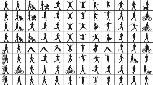 People activity silhouettes collection, walking running jumping dancing and cycling figures isolated for lifestyle design