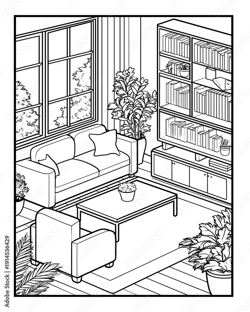 Fototapeta premium Home kids coloring page with Kids Coloring Page Top View Living Room Interior, Kids Coloring Page Black and White Living Room Line Art, Kids Coloring Page Printable Worksheet