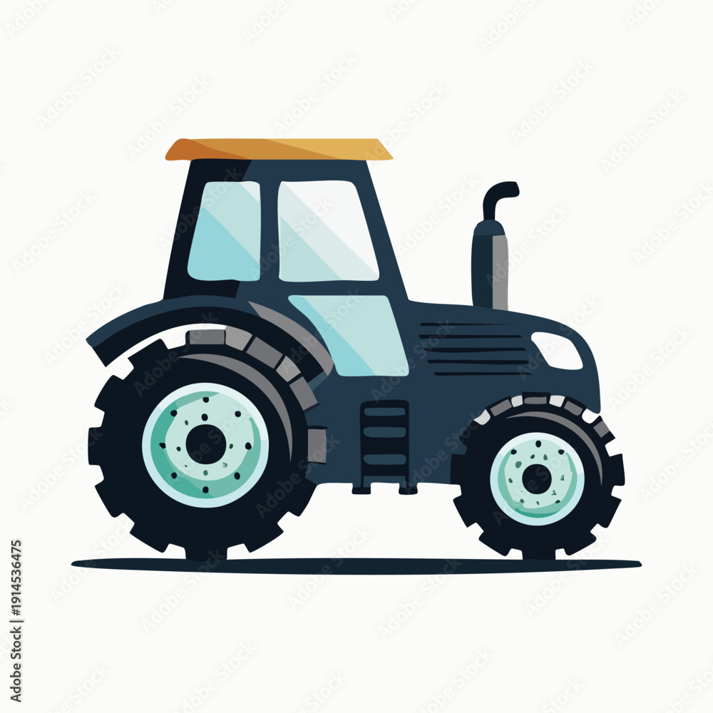 Obraz premium Dark Blue Tractor with Light Blue Wheels and Yellow Roof on a White Background.