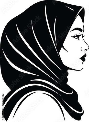 Detailed black and white profile portrait of a beautiful woman wearing a hijab headscarf for cultural and fashion design