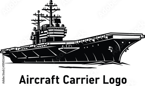 Detailed black silhouette of a military aircraft carrier ship with radar masts and flight deck for naval logo design